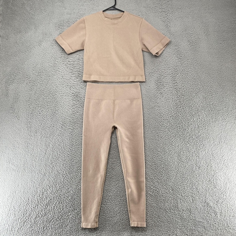 Everlane Crop Tee Leggings Set Womens Large Beige Knit Neutral Lounge